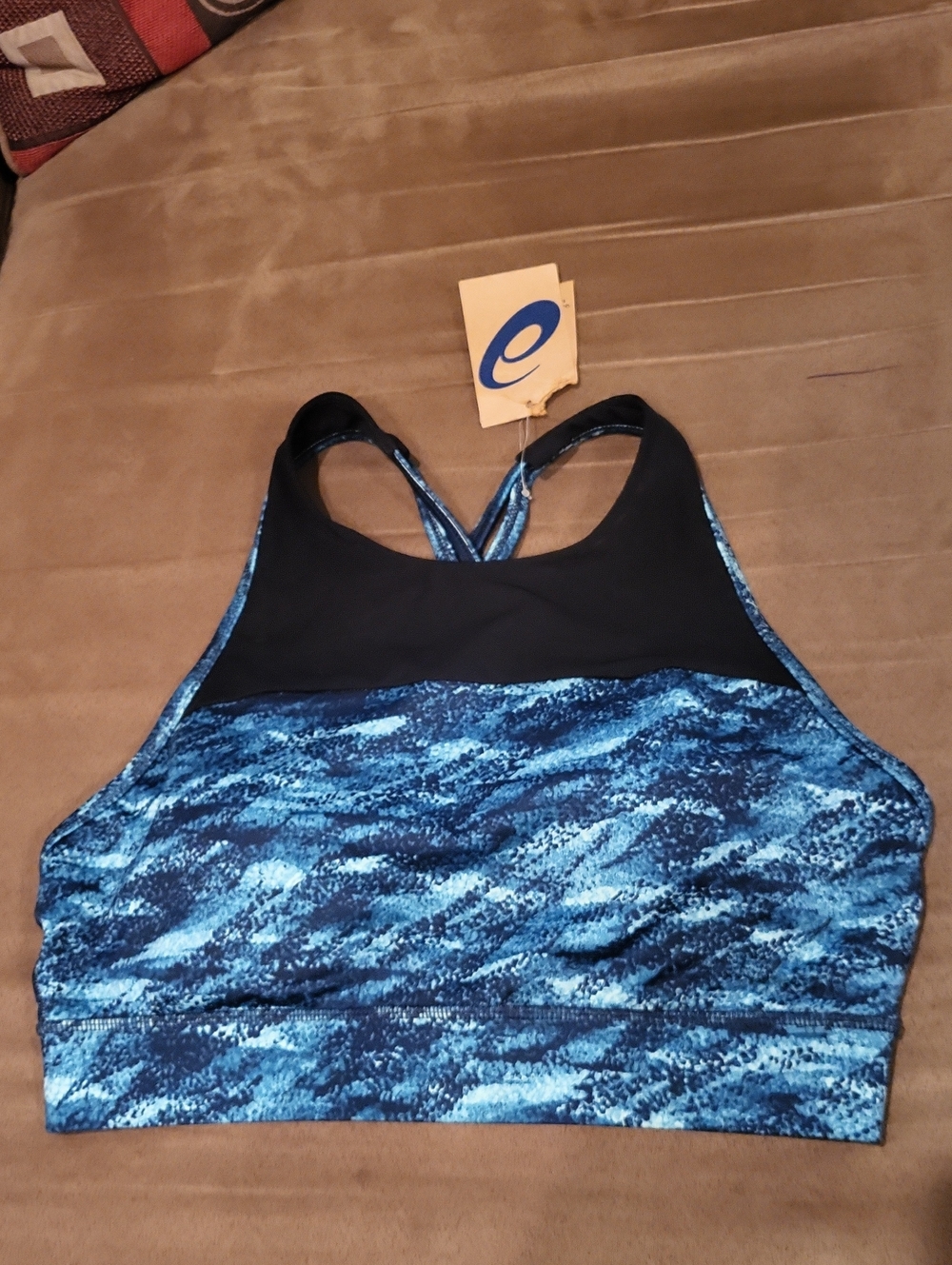 Asics W Kate Strapped Sports Bra Blue Abstract Camo Mesh NWT Size L